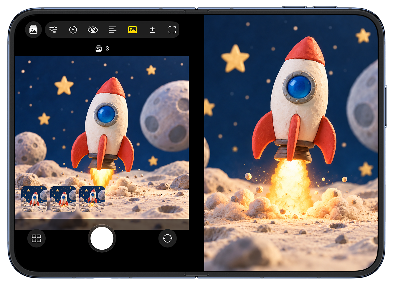Stageframe on iPhone Duo showing the live camera and last captured stop-motion frame side by side