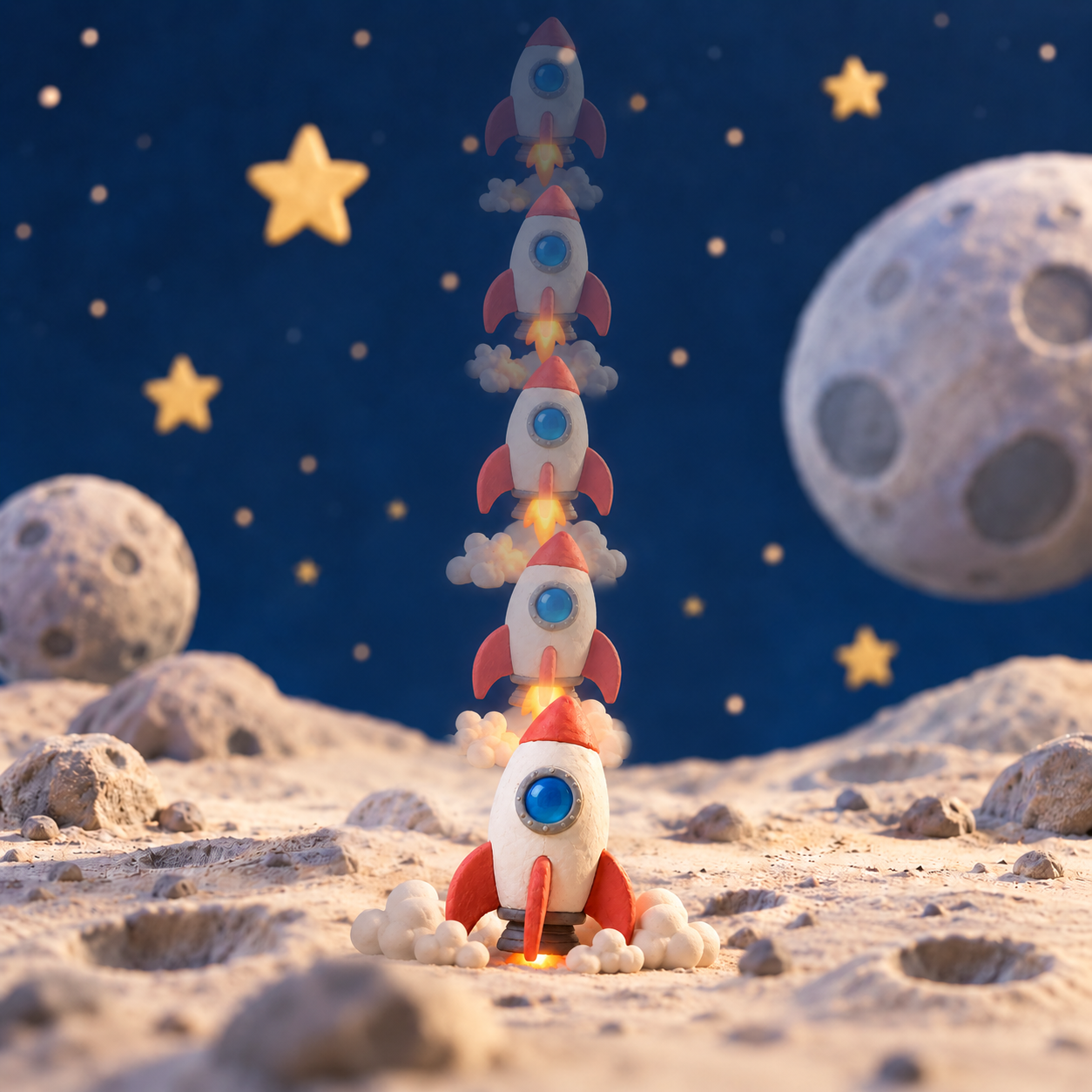 A clay rocket lifting off with overlapping frames showing its stop-motion movement